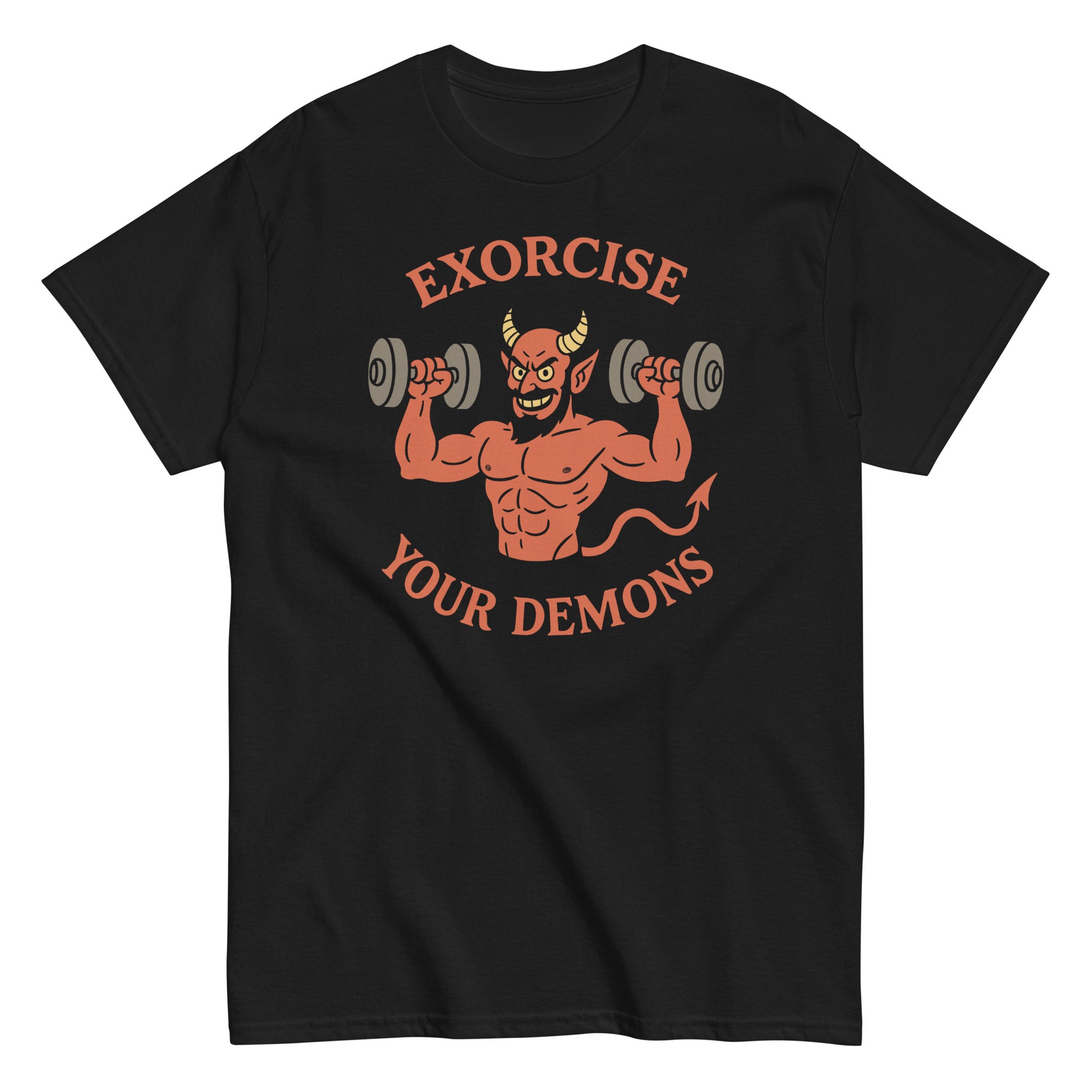 Exorcise Your Demons funny devil workout gym T-shirt with cartoon demon lifting weights, hilarious horror fitness parody tee for gym rats and occult fans, By strangeandtwisted.com