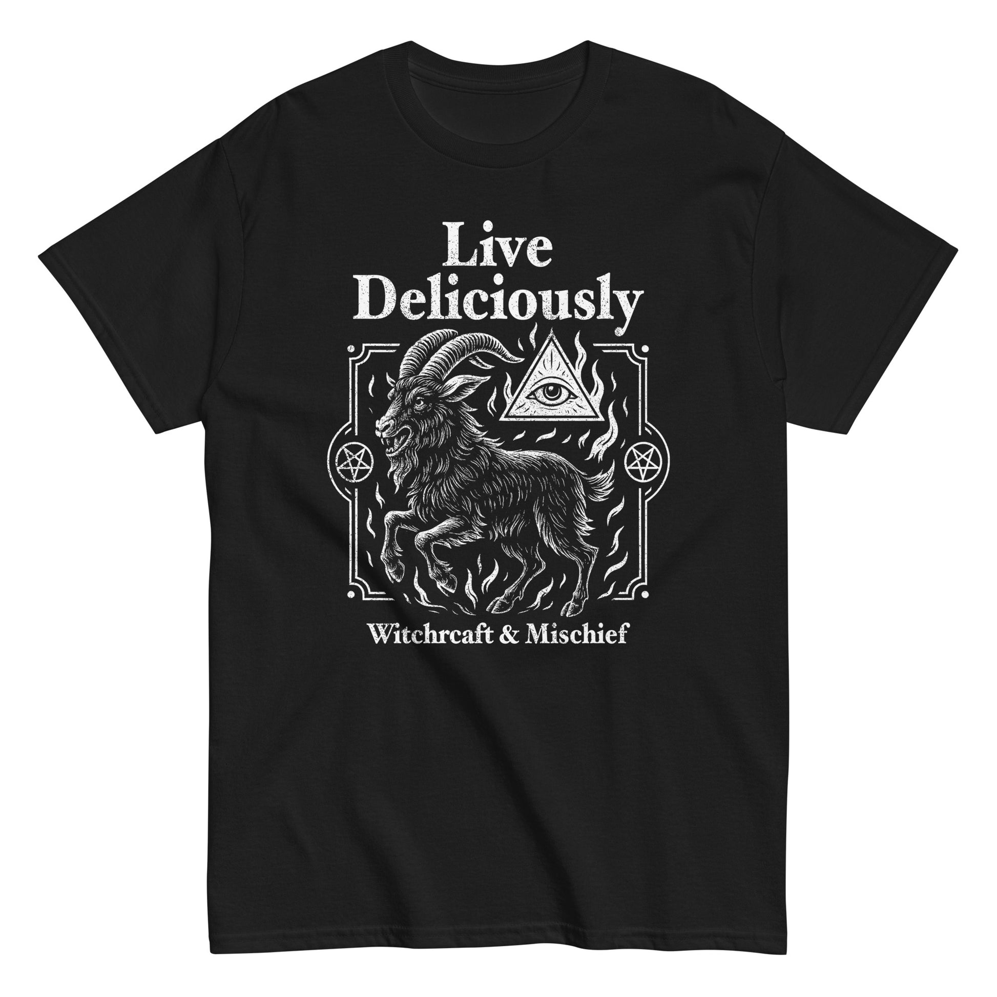 Live Deliciously witchcraft T-shirt with goat symbol, occult aesthetic clothing for witches, pagans, and horror fans, By strangeandtwisted.com