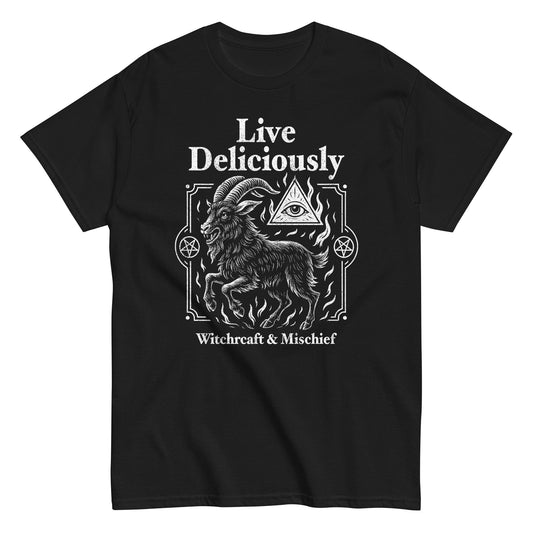 Live Deliciously witchcraft T-shirt with goat symbol, occult aesthetic clothing for witches, pagans, and horror fans, By strangeandtwisted.com