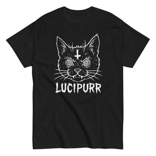 Lucipurr T-shirt with gothic cat design, funny occult-inspired horror tee for cat lovers and paranormal fans, By strangeandtwisted.com