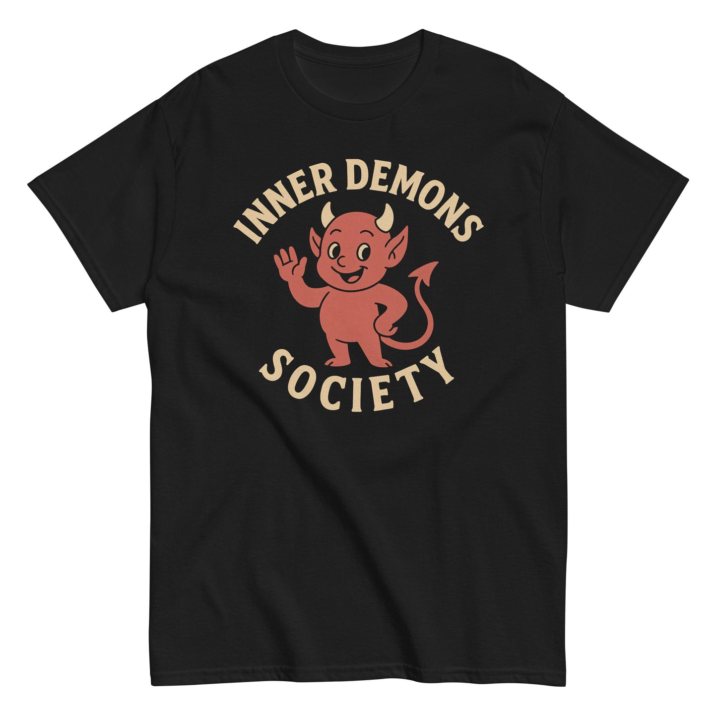 Inner Demons Society vintage devil horror humor T-shirt with red cartoon demon graphic by Strange & Twisted Apparel