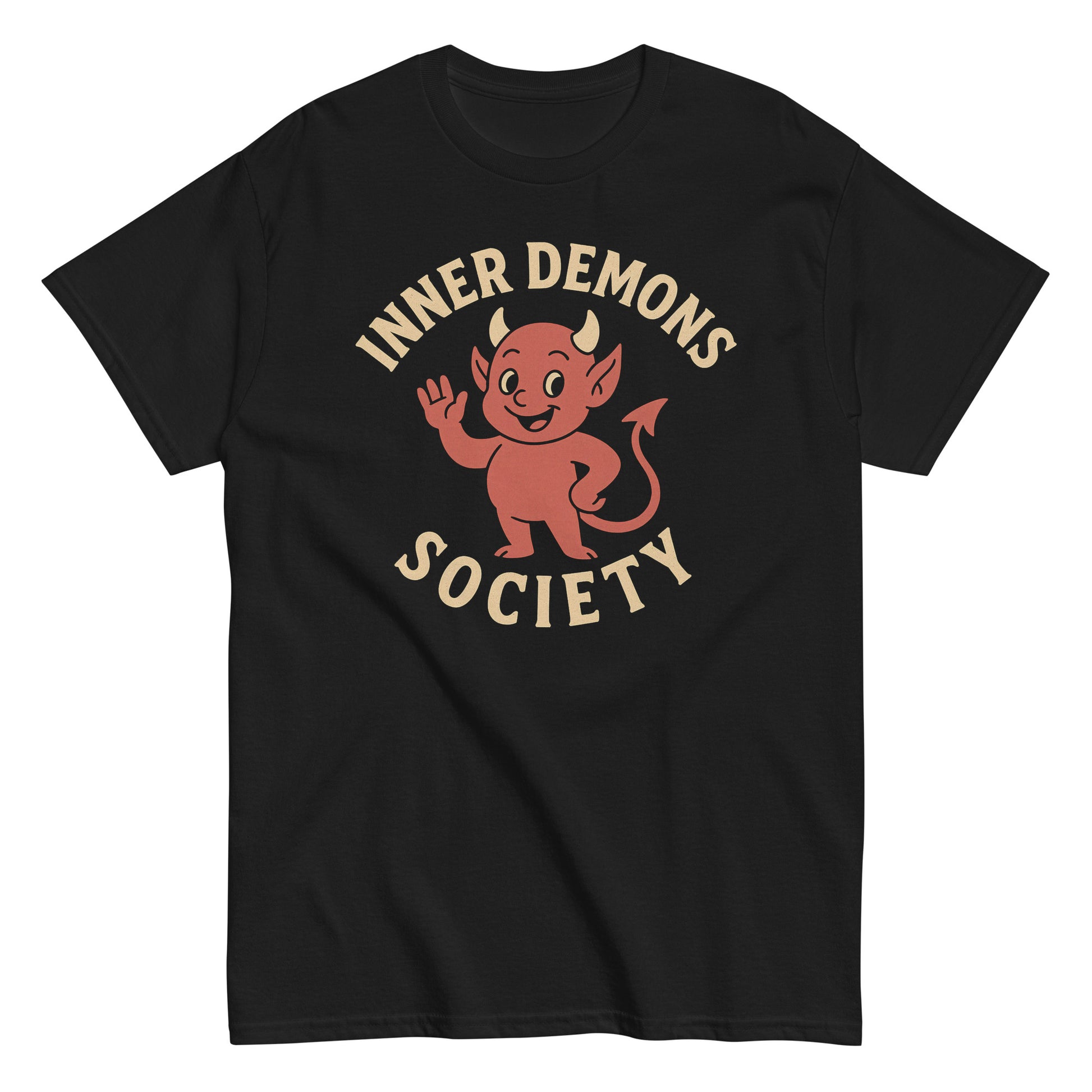 Inner Demons Society vintage devil horror humor T-shirt with red cartoon demon graphic by Strange & Twisted Apparel