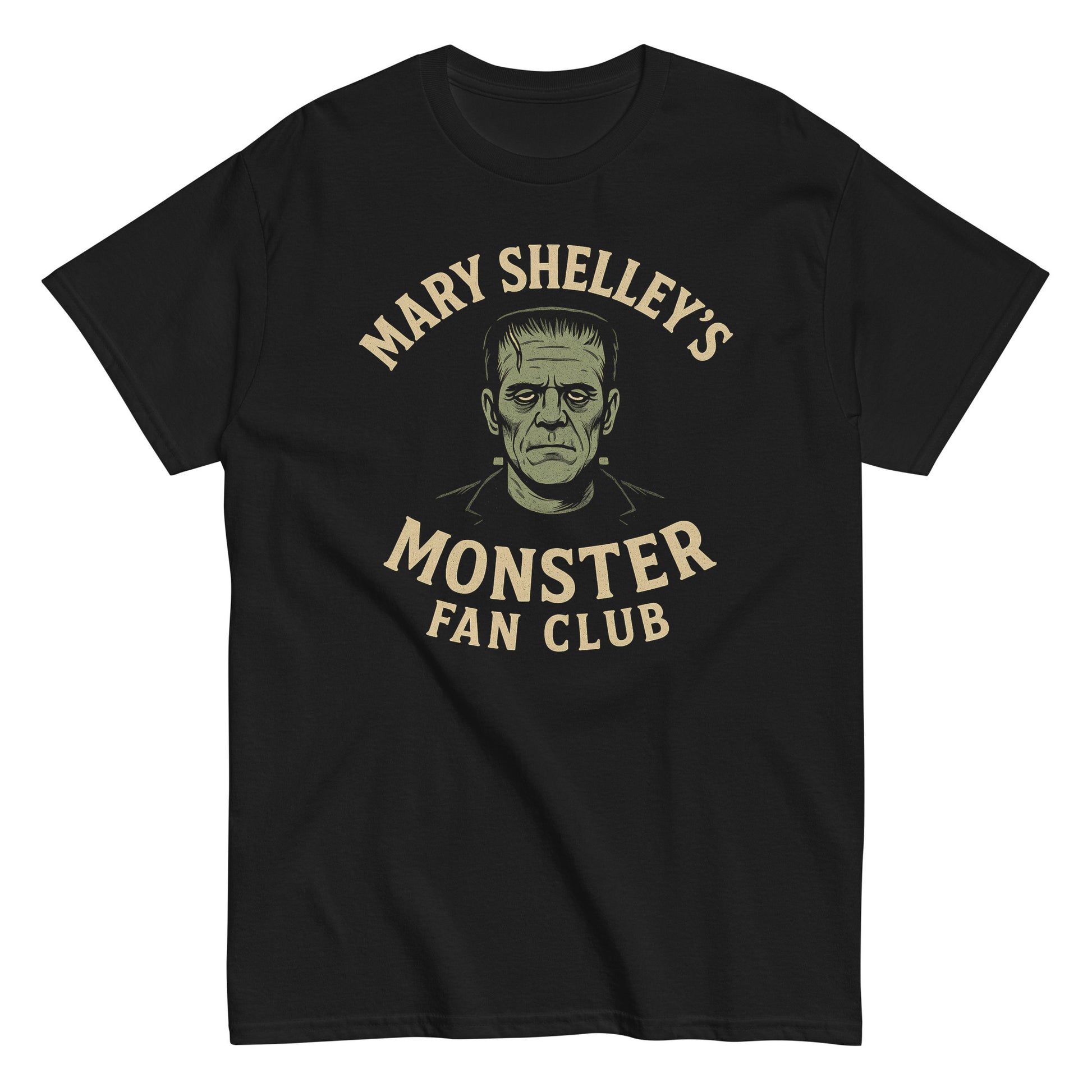 Black T-shirt with gothic print reading “Mary Shelley’s Monster Fan Club” featuring a Frankenstein-inspired monster head design