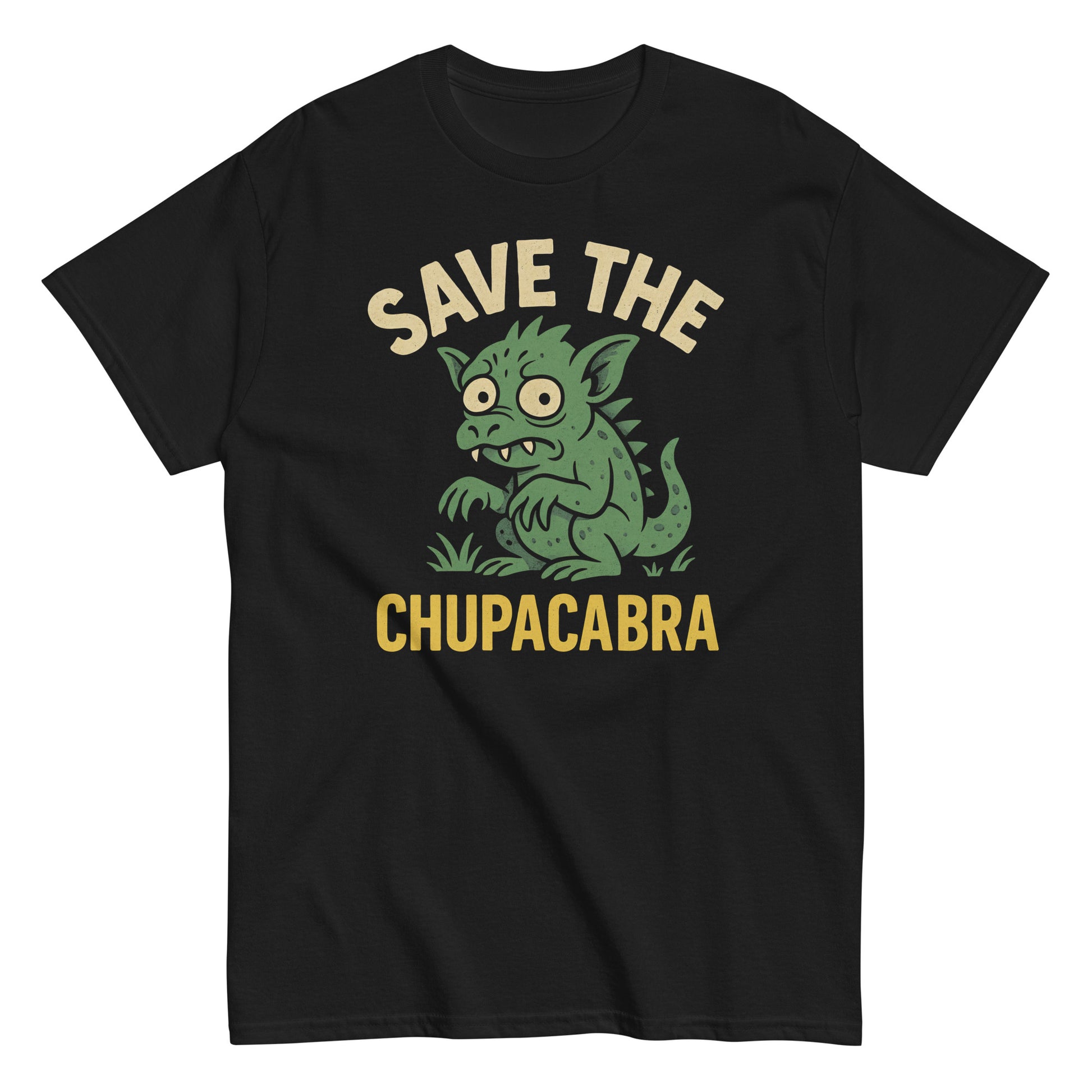 Black T-shirt with green cartoon chupacabra and yellow text “Save The Chupacabra”, funny cryptid lover shirt