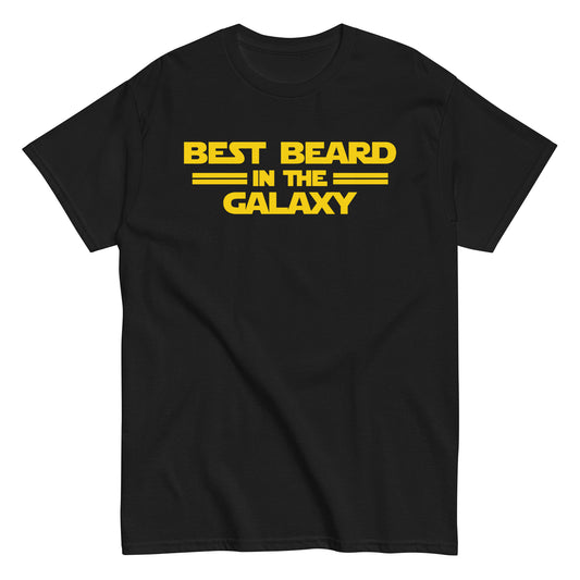 Black T-shirt with bold yellow text reading “Best Beard in the Galaxy,” a funny sci-fi parody design