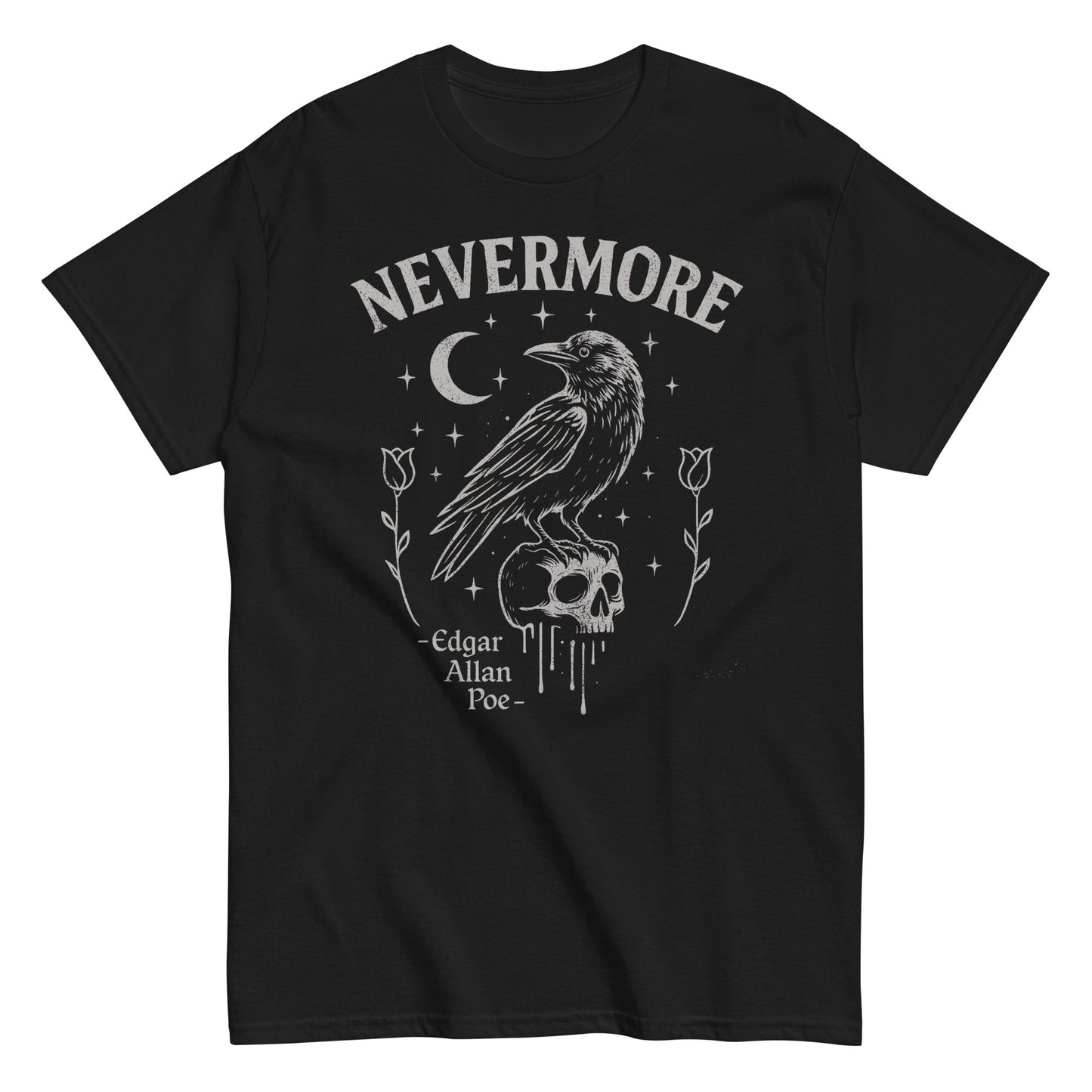 Black T-shirt featuring a gothic raven illustration with the word “Nevermore,” inspired by Edgar Allan Poe’s famous poem The Raven