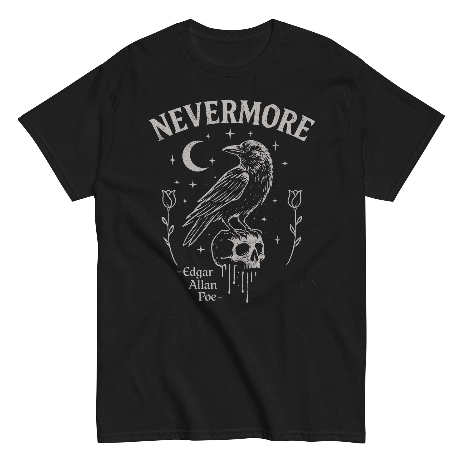 Black T-shirt featuring a gothic raven illustration with the word “Nevermore,” inspired by Edgar Allan Poe’s famous poem The Raven