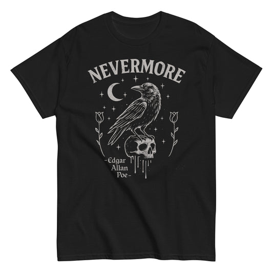 Black T-shirt featuring a gothic raven illustration with the word “Nevermore,” inspired by Edgar Allan Poe’s famous poem The Raven