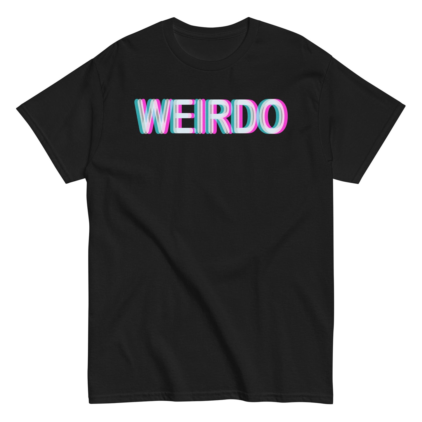 Black WEIRDO T-shirt with bold glitch 3D text effect in pink, blue, and white for alt and indie fashion lovers