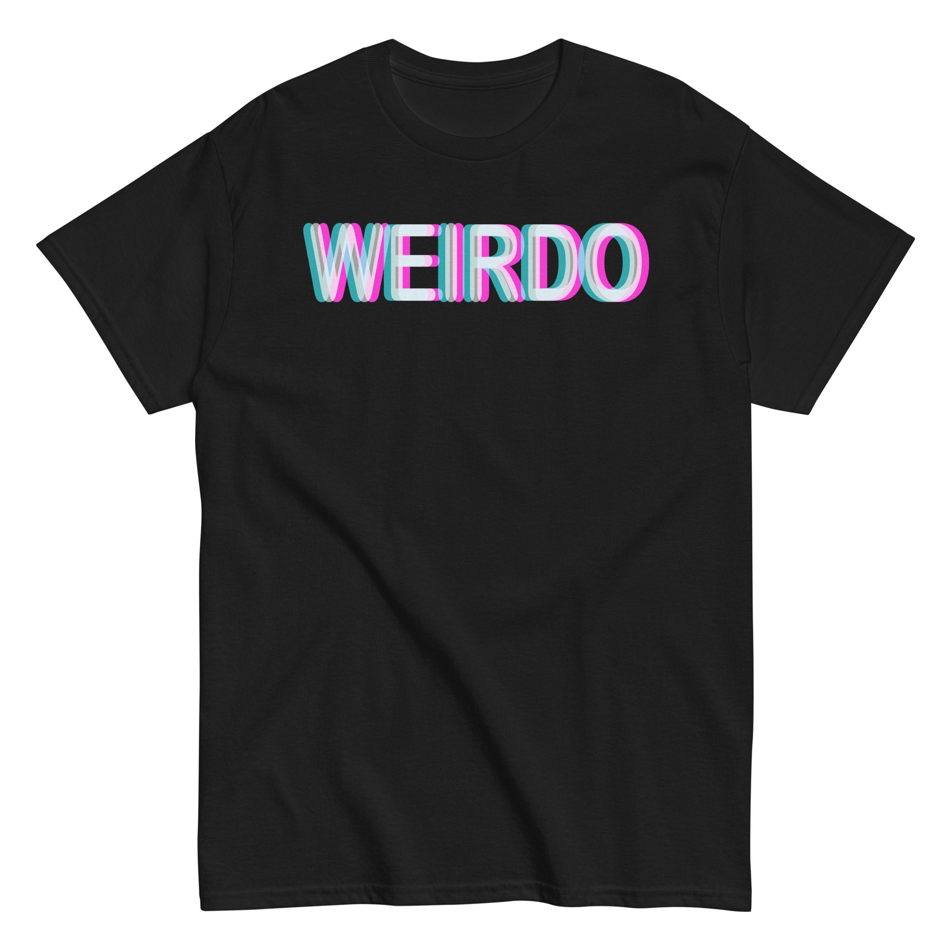 Black WEIRDO T-shirt with bold glitch 3D text effect in pink, blue, and white for alt and indie fashion lovers