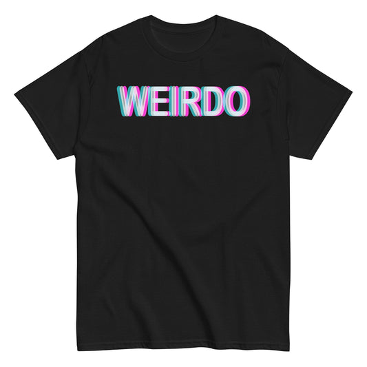 Black WEIRDO T-shirt with bold glitch 3D text effect in pink, blue, and white for alt and indie fashion lovers