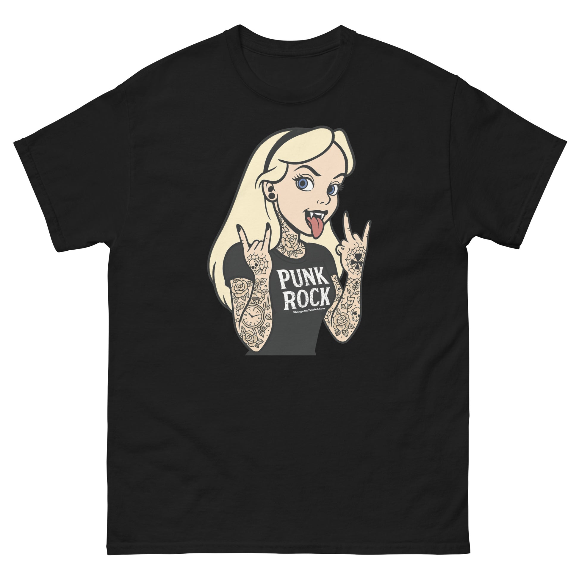 Tattooed punk rock girl T-shirt featuring blonde alt girl with vampire fangs and “Punk Rock” text in gothic style