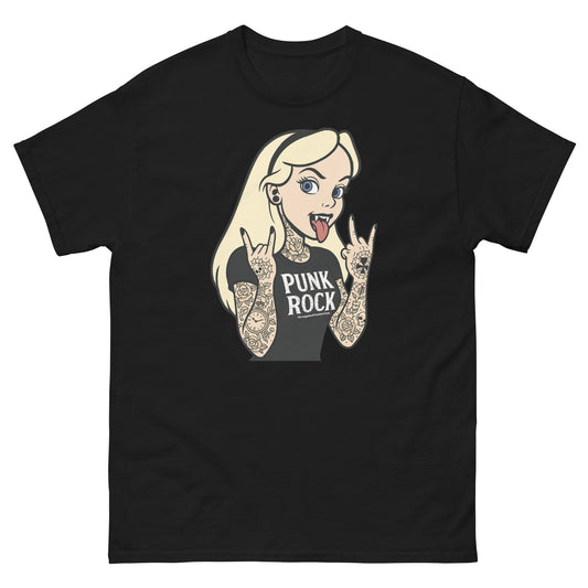 Tattooed punk rock girl T-shirt featuring blonde alt girl with vampire fangs and “Punk Rock” text in gothic style