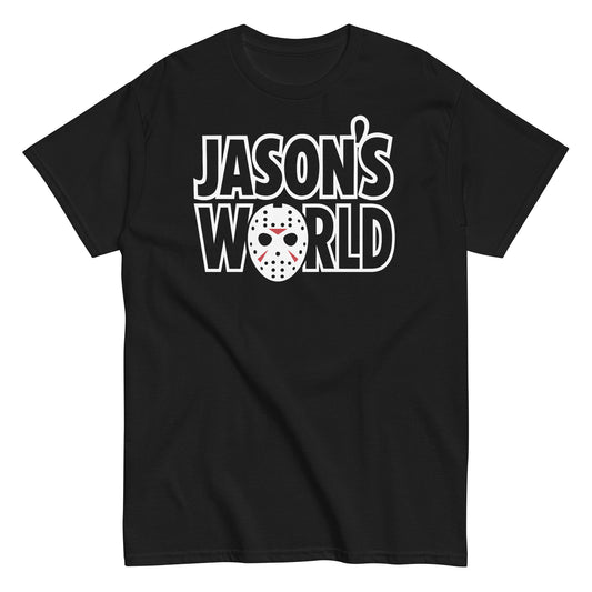 Jason’s World horror parody T-shirt featuring funny slasher mask design, retro 80s horror fan apparel