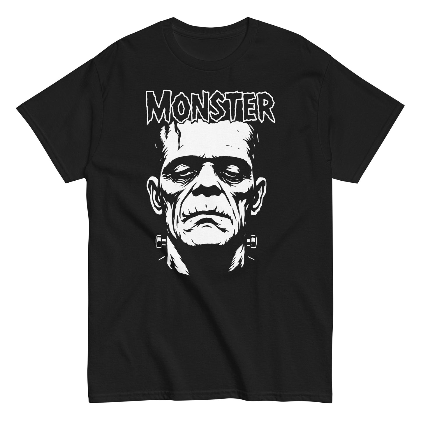 Frankenstein monster horror T-shirt with bold retro MONSTER text, gothic horror apparel for fans and collectors By StrangeAndTwisted.Com