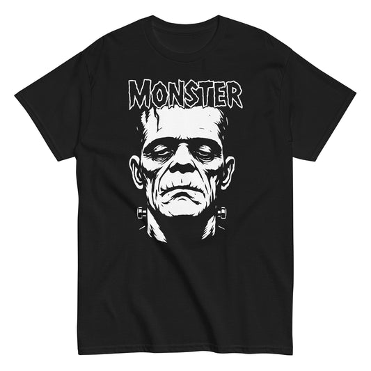 Frankenstein monster horror T-shirt with bold retro MONSTER text, gothic horror apparel for fans and collectors By StrangeAndTwisted.Com
