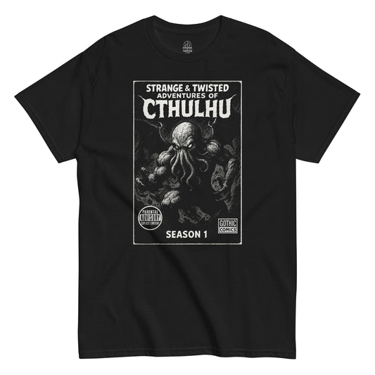 Strange and Twisted Adventures of Cthulhu horror comic style T-shirt, Lovecraft inspired gothic apparel with retro monster design By StrangeAndTwisted.Com