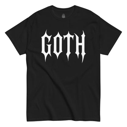 Goth spiked lettering minimal bold statement T-shirt in black, gothic streetwear with GOTH text, dark alternative fashion By StrangeAndTwisted.Com