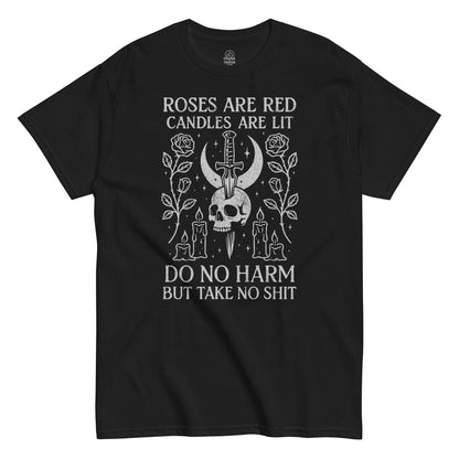 Roses Are Red Candles Are Lit gothic witchy T-shirt with skull, candles, and floral artwork, dark occult apparel By StrangeAndTwisted.Com