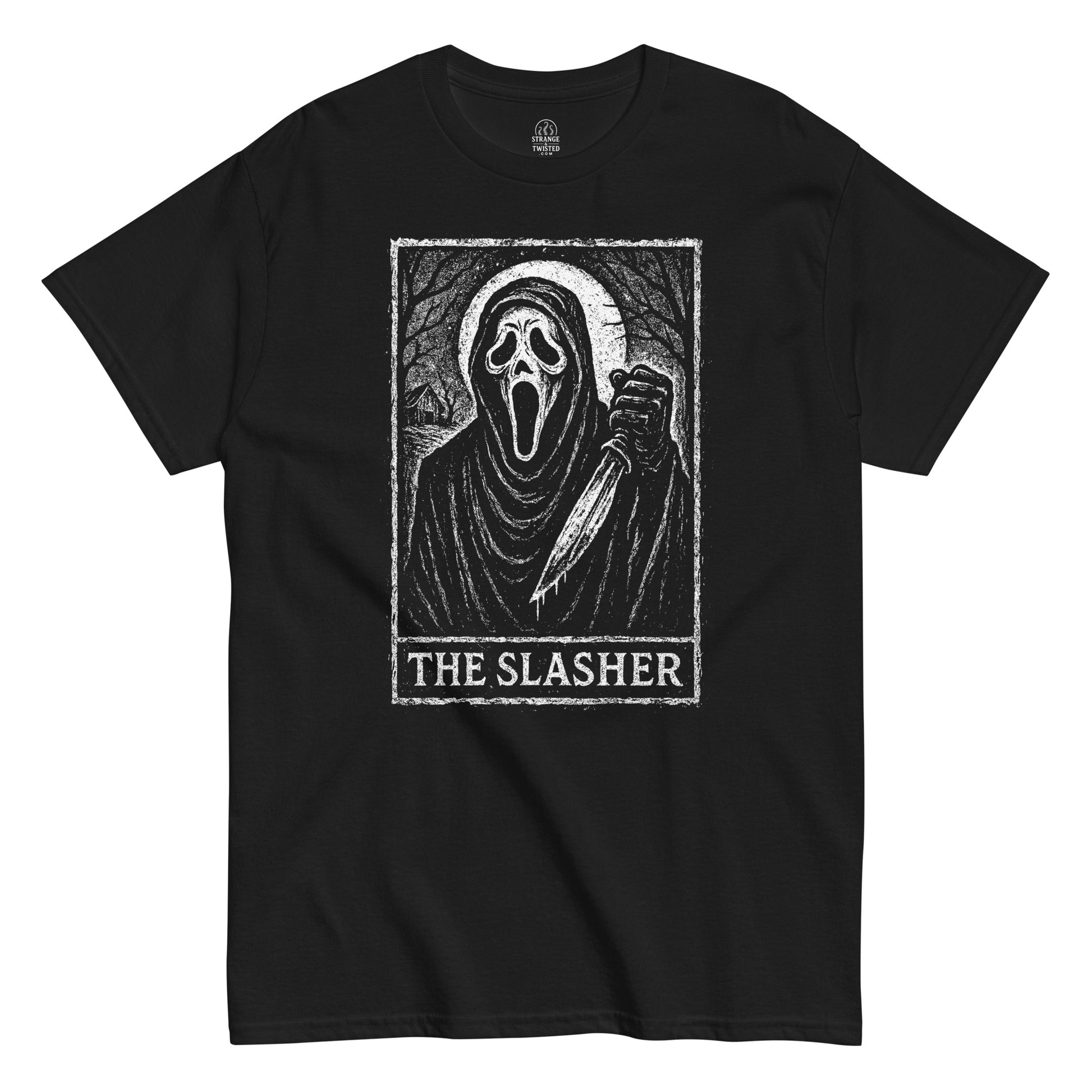 Horror movie slasher tarot card T-shirt in black featuring ghost face style masked killer artwork, gothic occult apparel By StrangeAndTwisted.Com