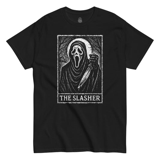 Horror movie slasher tarot card T-shirt in black featuring ghost face style masked killer artwork, gothic occult apparel By StrangeAndTwisted.Com