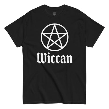 Wiccan pentagram symbol T-shirt in black with bold white design and Wiccan text, modern witchcraft apparel, By StrangeAndTwisted.Com