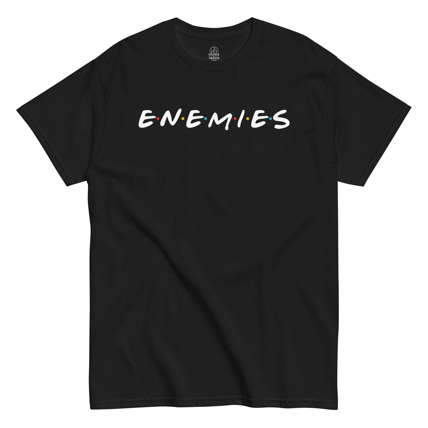 Satire parody logo T-shirt in black featuring Enemies text design inspired by TV logo style, Strange and Twisted Apparel