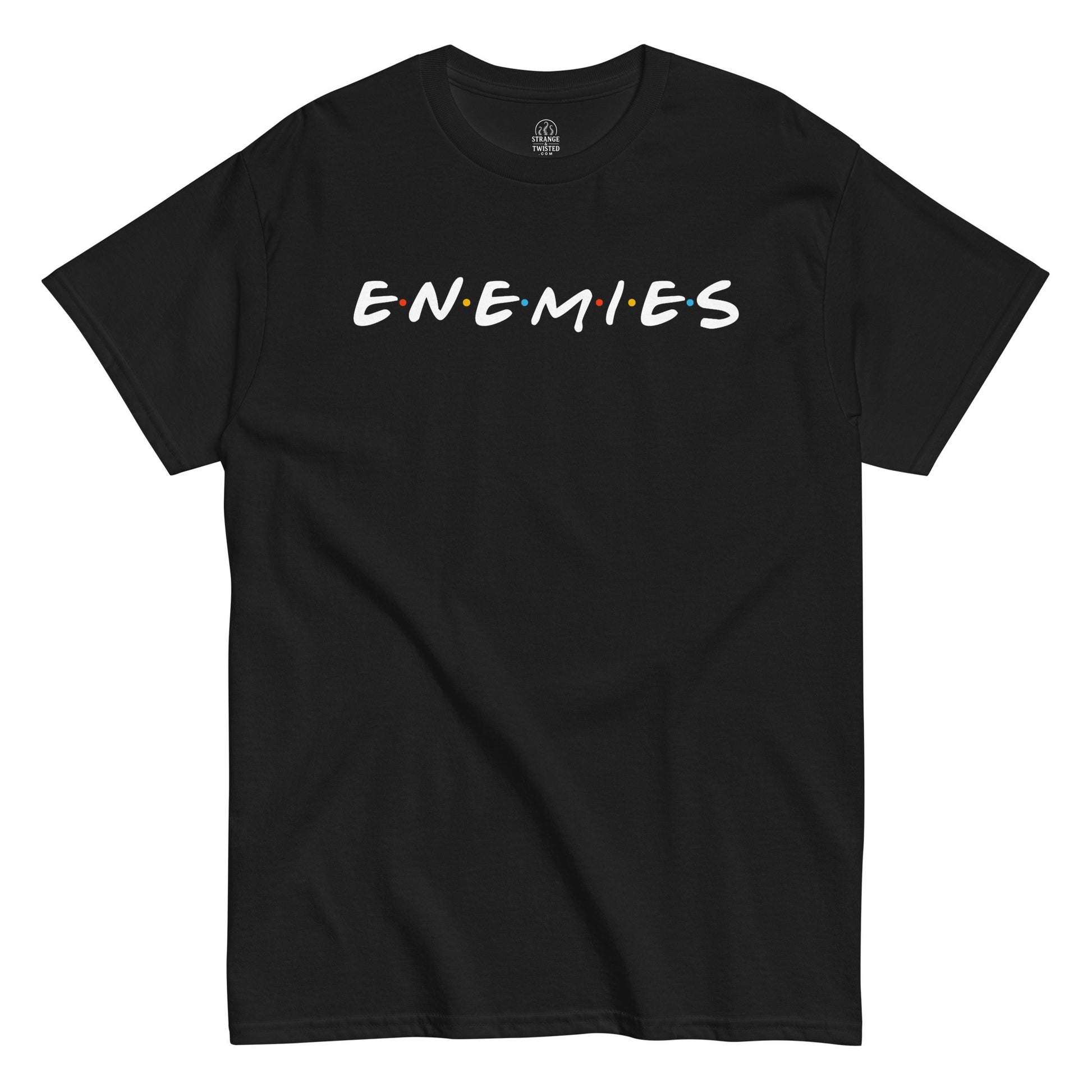 Satire parody logo T-shirt in black featuring Enemies text design inspired by TV logo style, Strange and Twisted Apparel