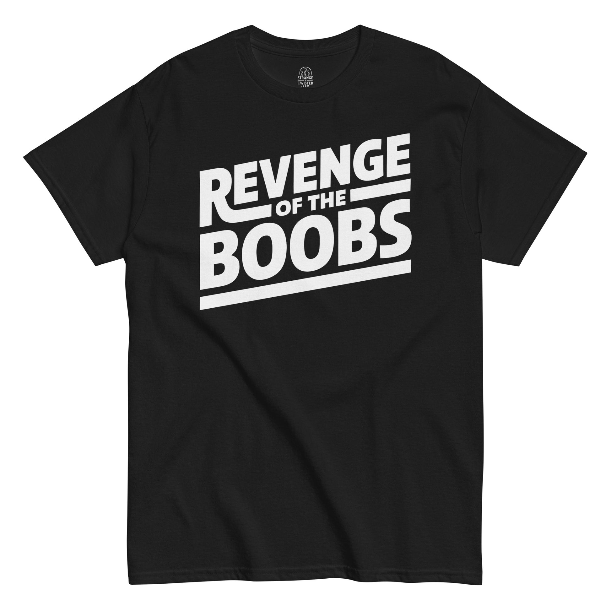 Parody sci-fi humor T-shirt in black with bold Revenge of the Boobs slogan design, Strange and Twisted Apparel