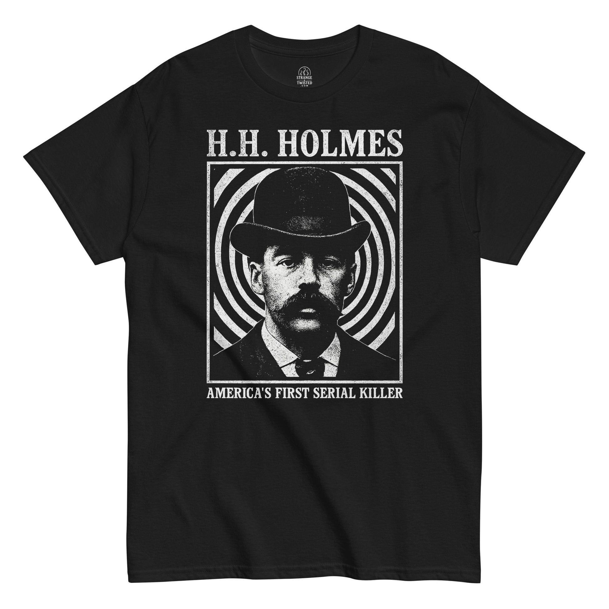 Gothic true crime T-shirt in black featuring H.H. Holmes design with hypnotic background and America’s First Serial Killer slogan, Strange and Twisted Apparel