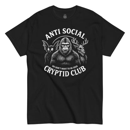 Anti Social Cryptid Club T-shirt in black featuring Sasquatch graphic with We Don’t Want To Be Seen text, Strange and Twisted Apparel