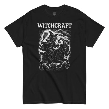 Gothic witchcraft T-shirt in black with occult cat riding goat artwork, vintage inspired illustration, By strangeandtwisted.com