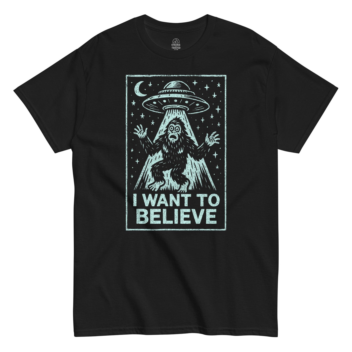 Bigfoot UFO parody T-shirt in black with cryptid and alien spaceship design, I Want To Believe retro style, By strangeandtwisted.com