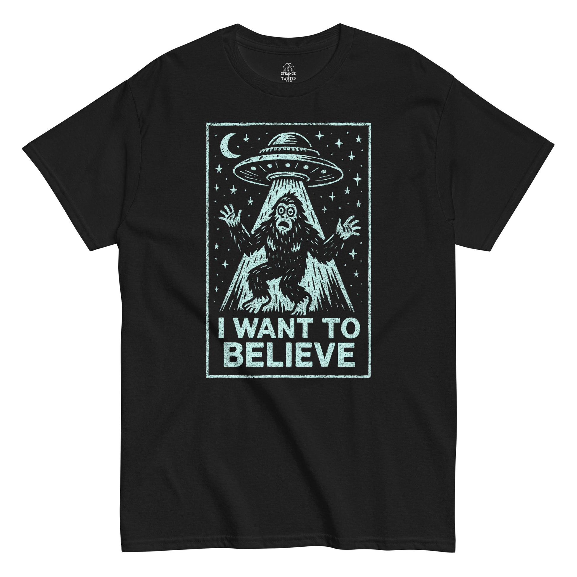 Bigfoot UFO parody T-shirt in black with cryptid and alien spaceship design, I Want To Believe retro style, By strangeandtwisted.com