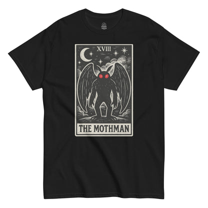 Mothman tarot card parody T-shirt in black, gothic cryptid design with occult symbols and red-eyed creature, Strange and Twisted Apparel