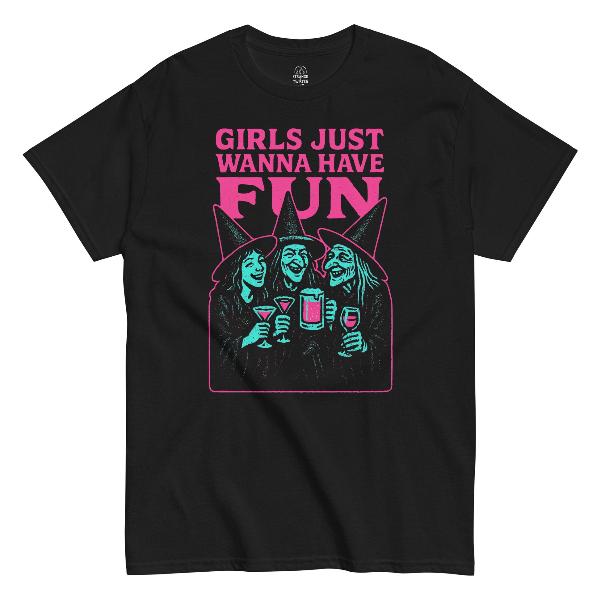 Neon Halloween party T-shirt in black with witches design and Girls Just Wanna Have Fun text, By StrangeAndTwisted.Com