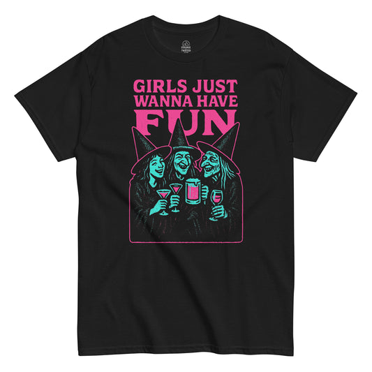Neon Halloween party T-shirt in black with witches design and Girls Just Wanna Have Fun text, By StrangeAndTwisted.Com