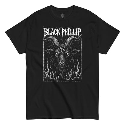 Occult witchcraft T-shirt in black featuring Black Phillip goat illustration with flames, By StrangeAndTwisted.Com