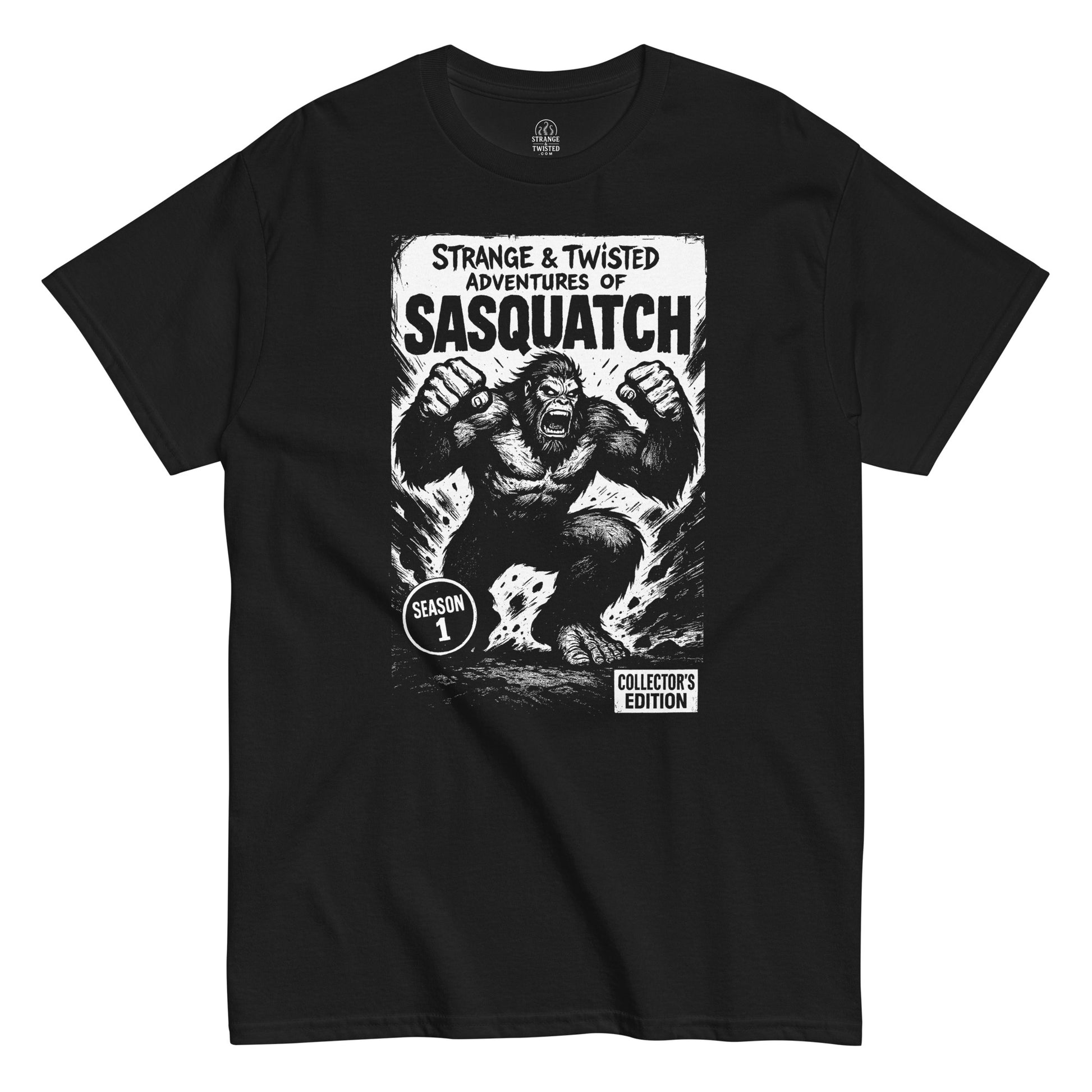 Sasquatch comic book parody T-shirt in black, retro cryptid collector’s edition design, by StrangeandTwisted.com