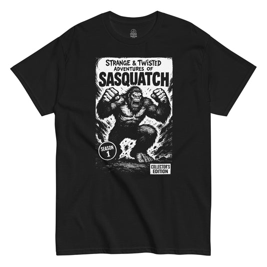 Sasquatch comic book parody T-shirt in black, retro cryptid collector’s edition design, by StrangeandTwisted.com