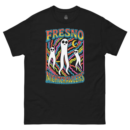 Black Fresno Nightcrawlers Cryptid T-Shirt front view, colorful paranormal urban legend design, By strangeandtwisted.com