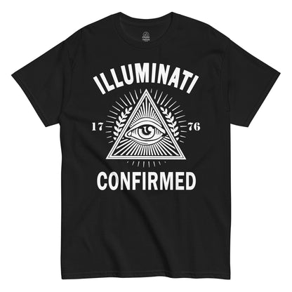 Black Illuminati Confirmed T-Shirt front view, all-seeing eye pyramid conspiracy design, By strangeandtwisted.com