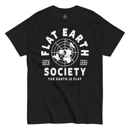 Black Flat Earth Society T-Shirt front view, parody conspiracy theory design with map graphic, By strangeandtwisted.com
