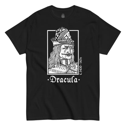 Black Dracula Vlad the Impaler T-Shirt front view, gothic horror vampire design, By strangeandtwisted.com