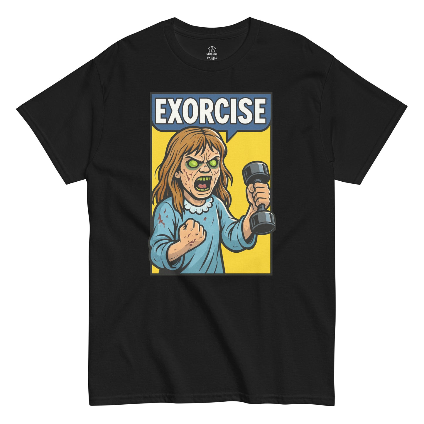 Black Exorcise Possessed Girl T-Shirt front view, funny horror workout parody design, By strangeandtwisted.com