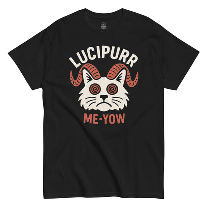 Black Lucipurr Me-Yow T-Shirt front view, funny occult cat parody gothic design, By strangeandtwisted.com