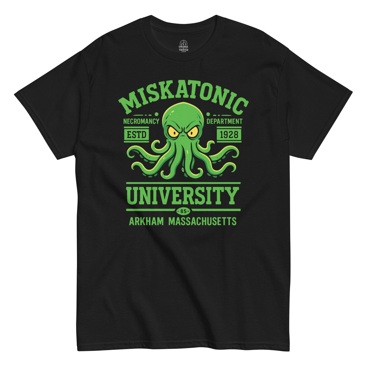 Black Miskatonic University T-Shirt front view, Cthulhu Lovecraft horror parody design, By strangeandtwisted.com