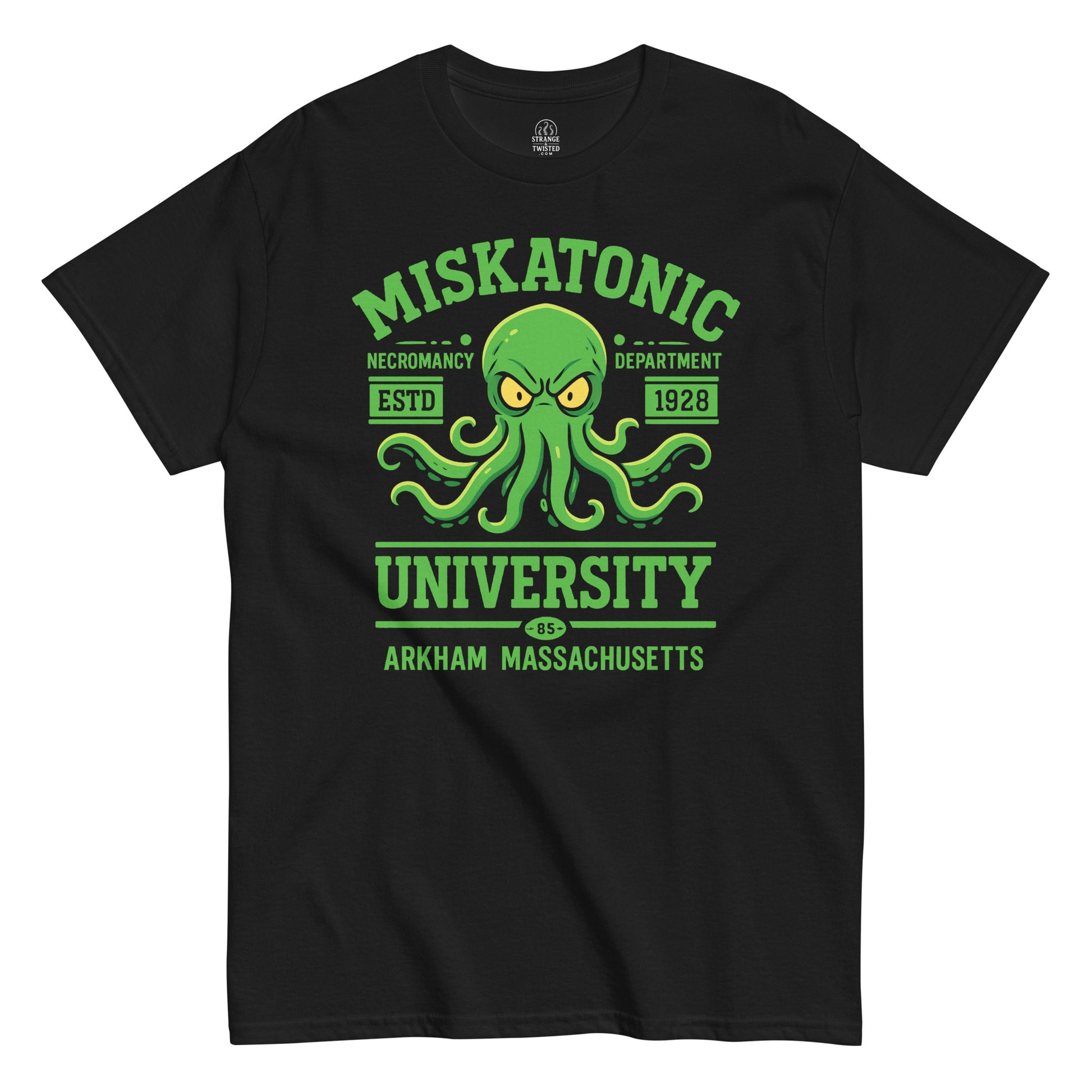 Black Miskatonic University T-Shirt front view, Cthulhu Lovecraft horror parody design, By strangeandtwisted.com