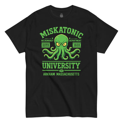 Black Miskatonic University T-Shirt front view, Cthulhu Lovecraft horror parody design, By strangeandtwisted.com