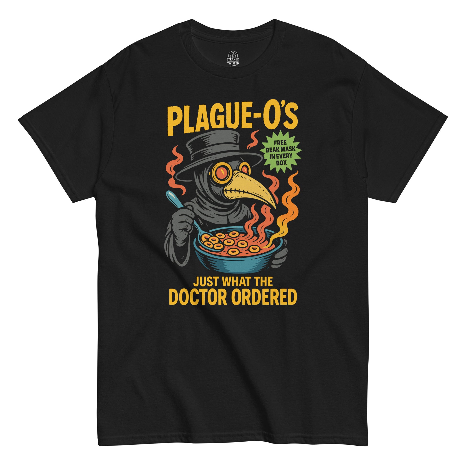 Black Plague-O’s Plague Doctor T-Shirt front view, funny horror cereal parody design, By strangeandtwisted.com